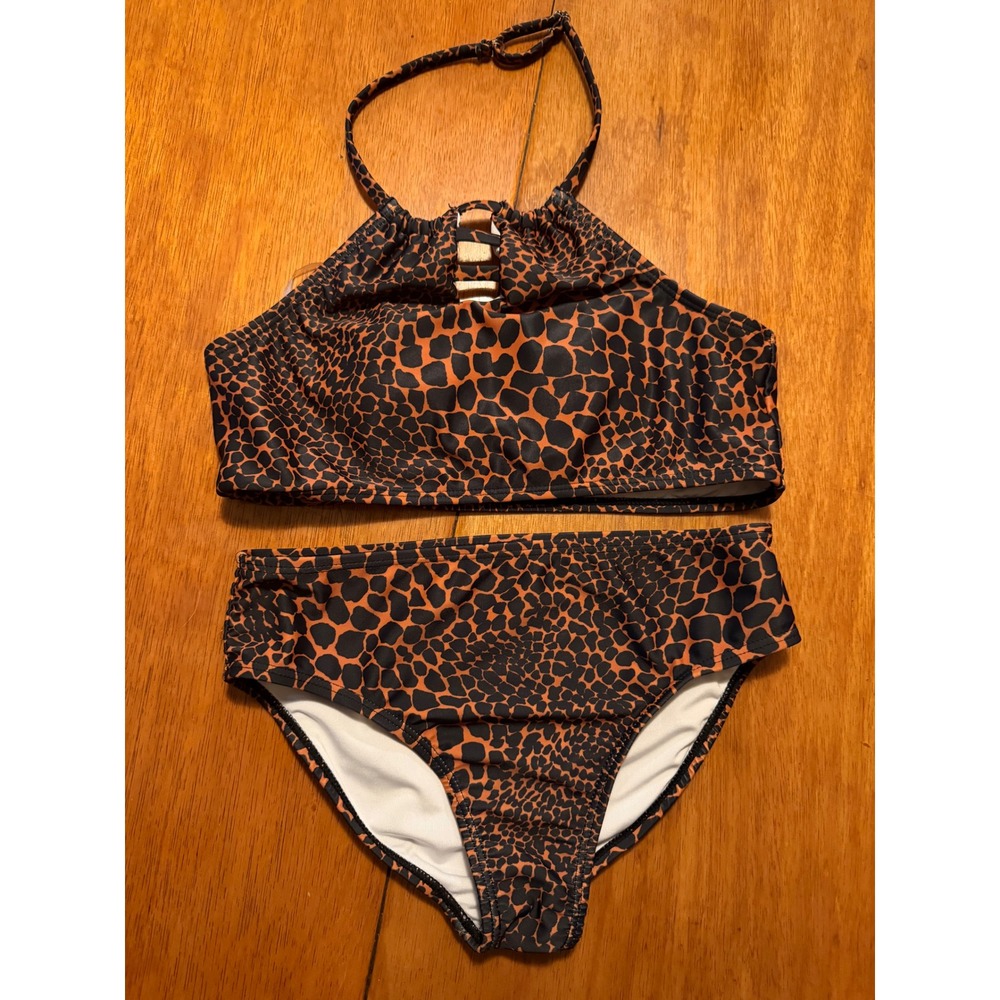 Volcom Girls Animal Print Bikini Set Brown Black High Neck 2-Piece Swimsuit L 12